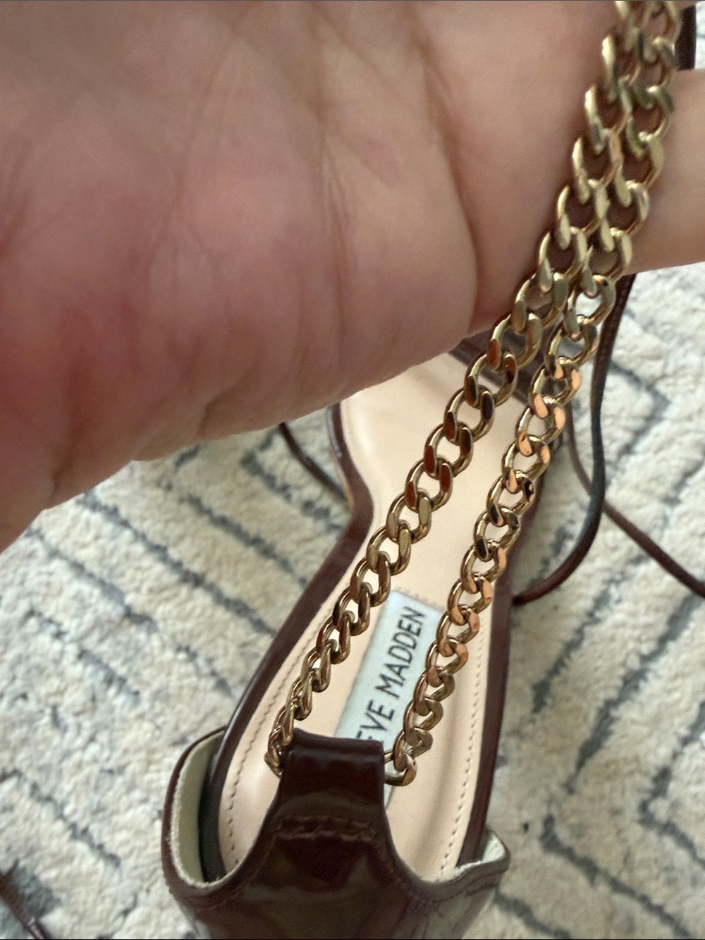 Steve Madden Brown Patent wrap around Chain-Ankle Stiletto Sandals - Picture 8 of 11